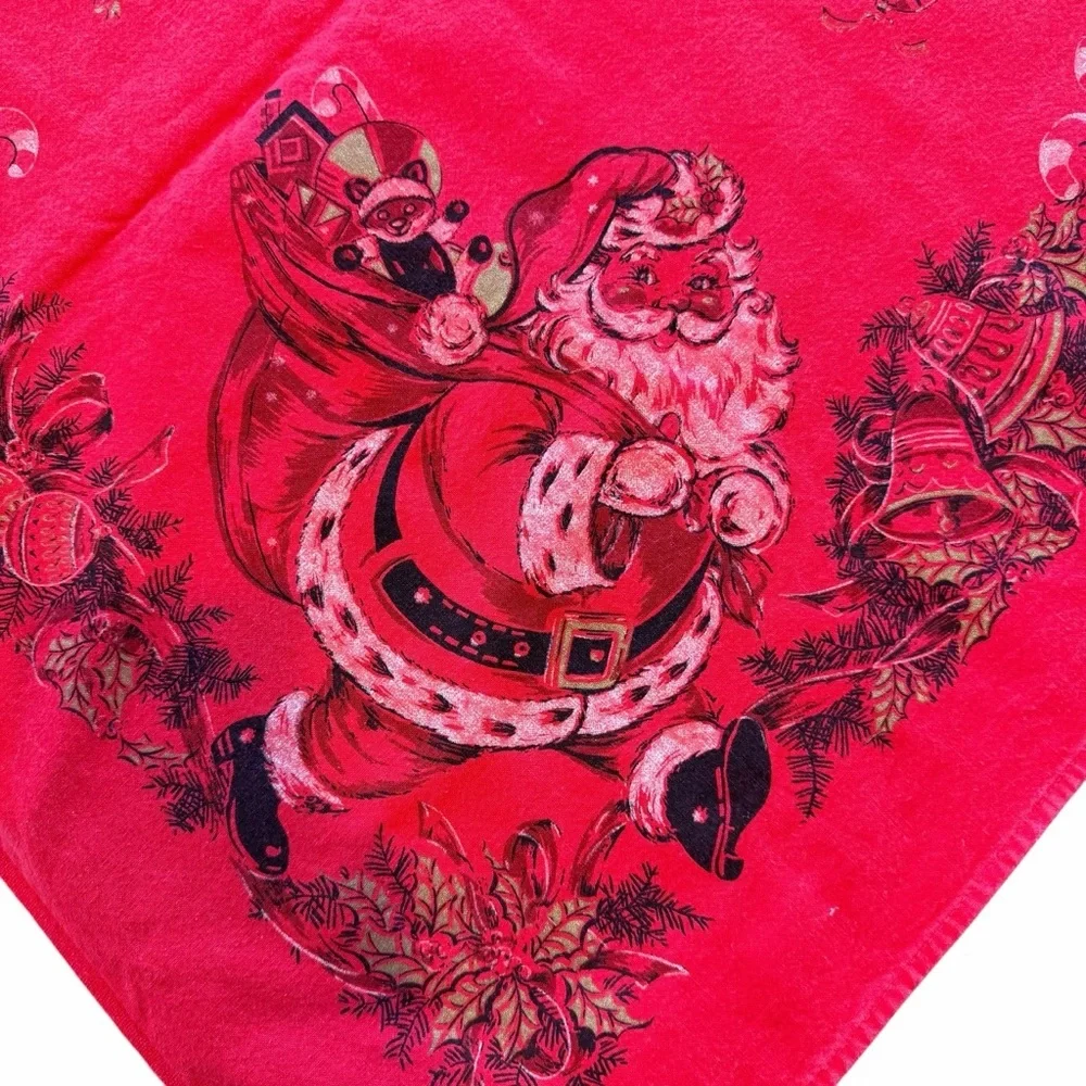 Vintage MCM Christmas Tablecloth Bright Red Santa Christmas Tree Gifts 48x60 GUC